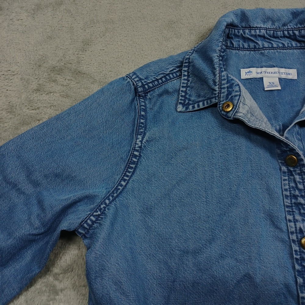 Southern Tide Top Womens XS Blue Button Up Denim Long Sleeve Casual Tencel - Picture 2 of 8